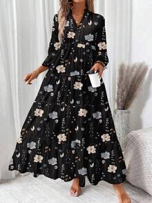 SHEIN LUNE Vestido elegante de talla grande con estampado floral vintage casual, adecuado para otoño/invierno - Negro - Ver 2