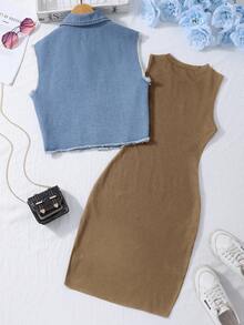 2 件套青少年女孩黑色针织吊带连衣裙搭配牛仔背心，通勤休闲装 - 卡其色 - 查看 2