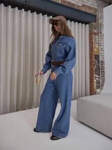 MUSERA Bộ jumpsuit denim tay phồng dáng rộng ống loe, chi tiết đường may, phong cách đường phố sang trọng, gợi cảm, thích hợp cho mùa thu thu, đi chơi đêm, xuân hè. - Rửa trung bình - Xem 3