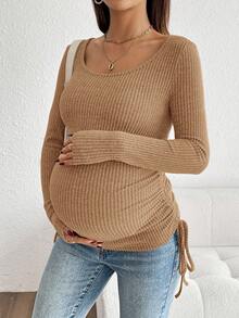 SHEIN Drawstring Ruched Maternity Solid Color Long Sleeve Casual T-Shirt Maternity Top Pregnancy Top Pregnancy Shirt Maternity Clothes Maternity Shirt - Coffee Brown - View 4