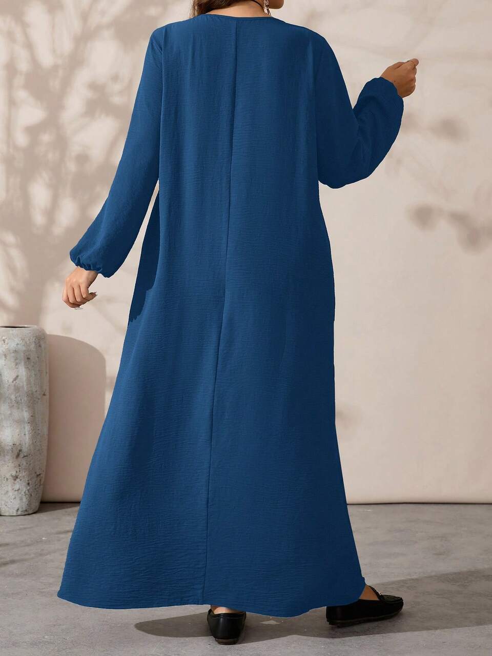 Plus Size Women Casual Solid Color Round Neck Long Dress
