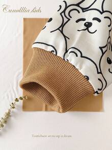 SHEIN 2 件套男婴幼儿 0-3 岁春夏休闲日常穿着叠穿熊印花圆领长袖运动衫 + 裤子套装 - 卡其色 - 查看 3