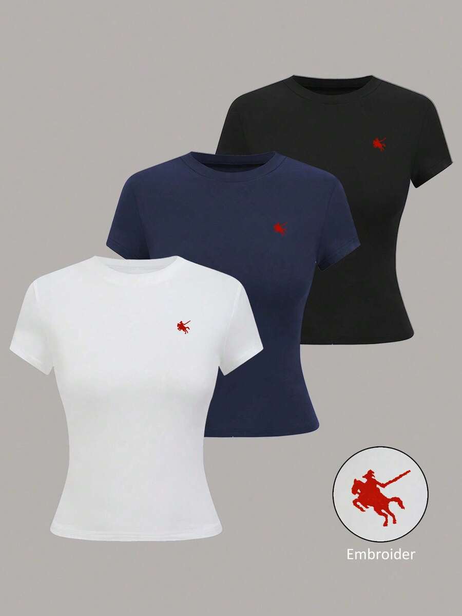 SHEIN 3pcs Women Embroidered Horse Short Sleeve T-Shirt Set - Multicolor - View 1