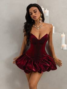 Vowa Women's Fashion, Sexy, Avant-Garde, Mesh, Shiny, Dark Red Sequin Satin Peplum Hem Bandeau Dress, Suitable For Nightclub, Party, Beach, Vacation, Cocktail Party