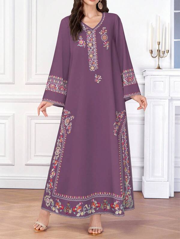 SHEIN Najma 大码女式花卉印花阿拉伯风格连衣裙，春秋季