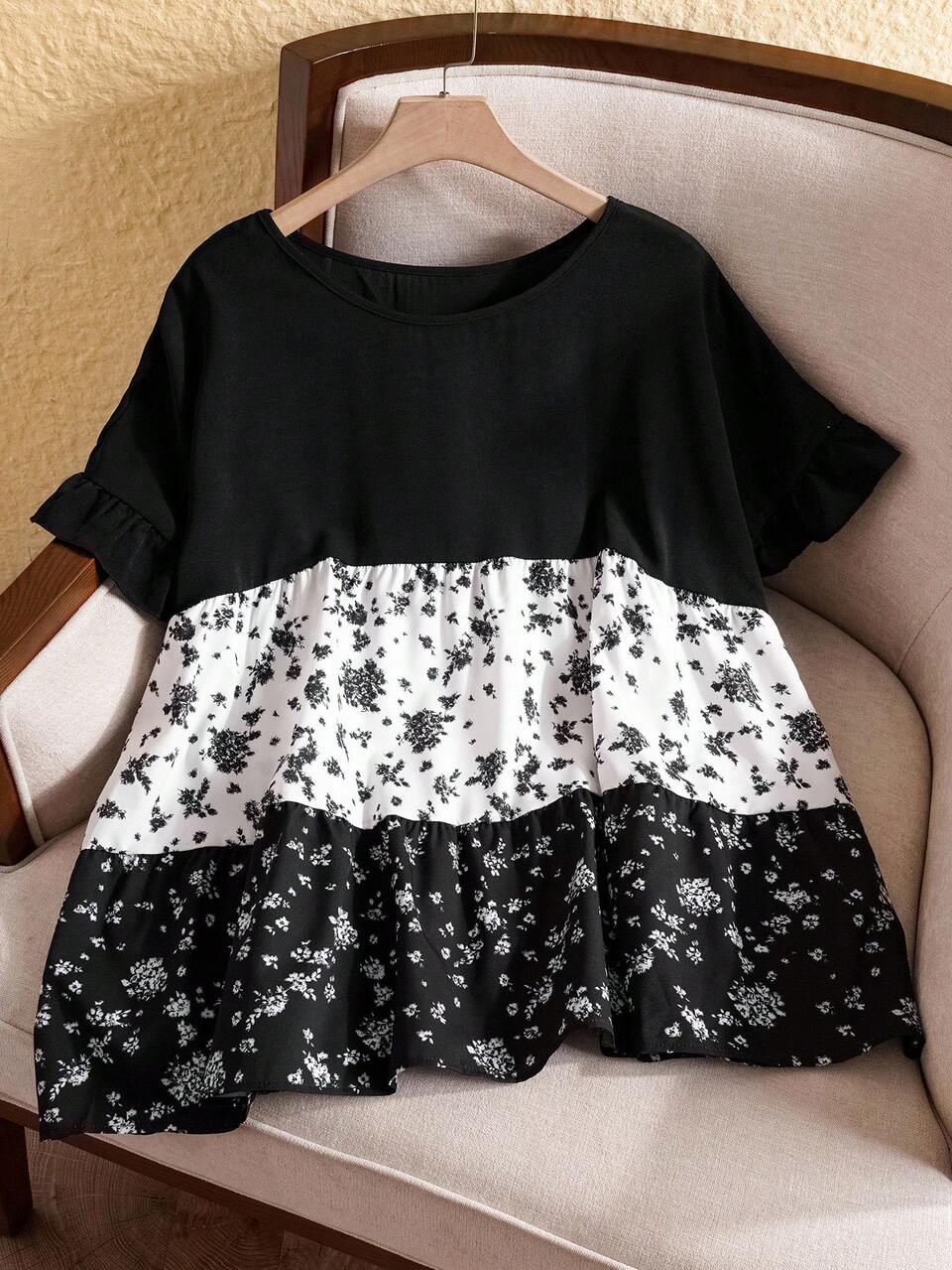 Women's Plus Size Casual Black And White Color Block Mixed Ditsy Floral Shirt,Summer Boho Holiday Vacation Style,Western Mother's Day Country Concert