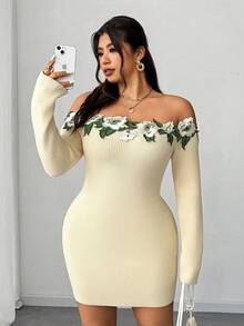 Elenzga 大码女式露肩长袖刺绣花卉装饰修身腰部修身优雅浪漫毛衣裙，秋冬 - 彩色 - 查看 2