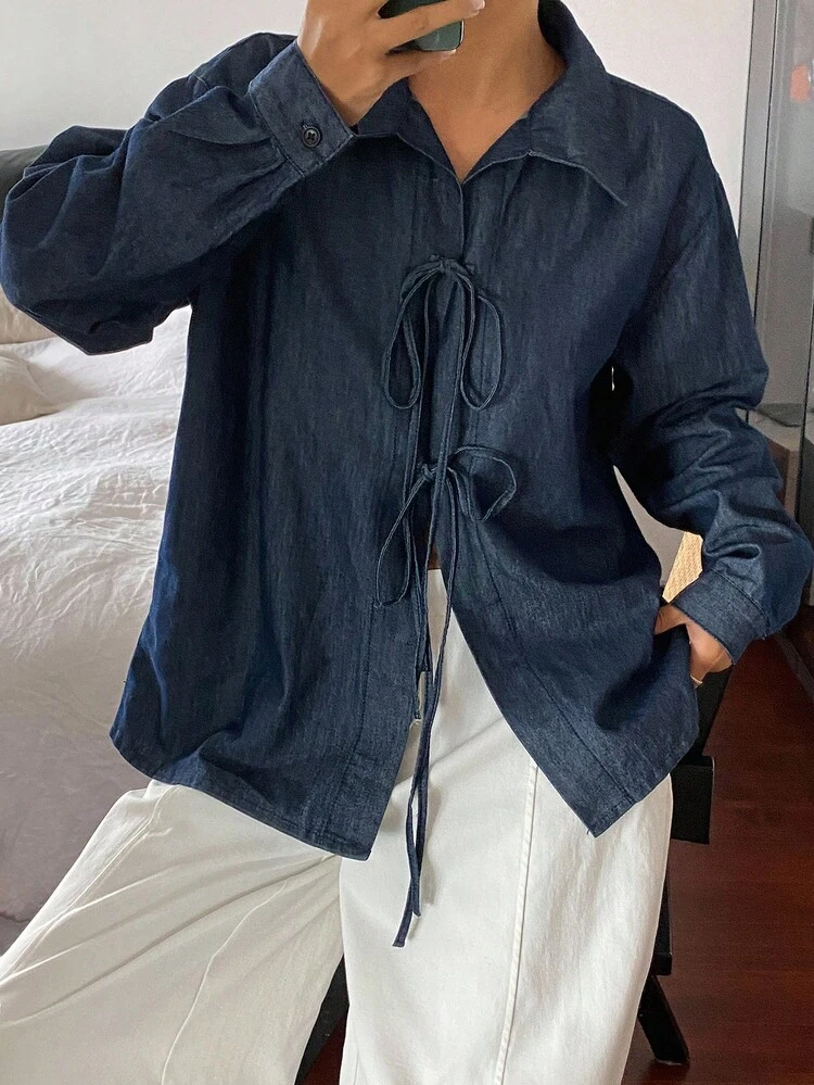 Women's Lapel Bowknot Strap Design Loose Long Sleeve Casual Denim Blouse