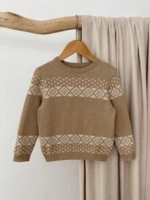 Blossori Young Boys' French Elegant Geometric Pattern Crew Neck Long Sleeve Sweater Fall Winter - Khaki - View 4