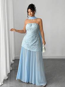 Elenzga 大码女式时尚热销设计感派对宴会高端围巾领优雅修身开叉连衣裙，双层面料露肩 - 藍色 - 查看 2