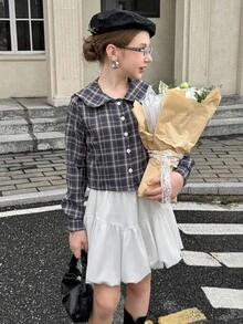 青少年女孩格子长袖单排扣彼得潘领可爱衬衫 - 彩色 - 查看 3