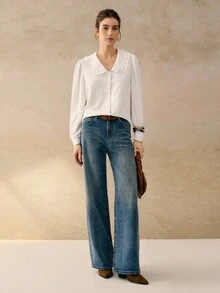 INAWLY 女式标准尺码纯色彼得潘领插肩袖纹理面料休闲衬衫 - 白色 - 查看 4