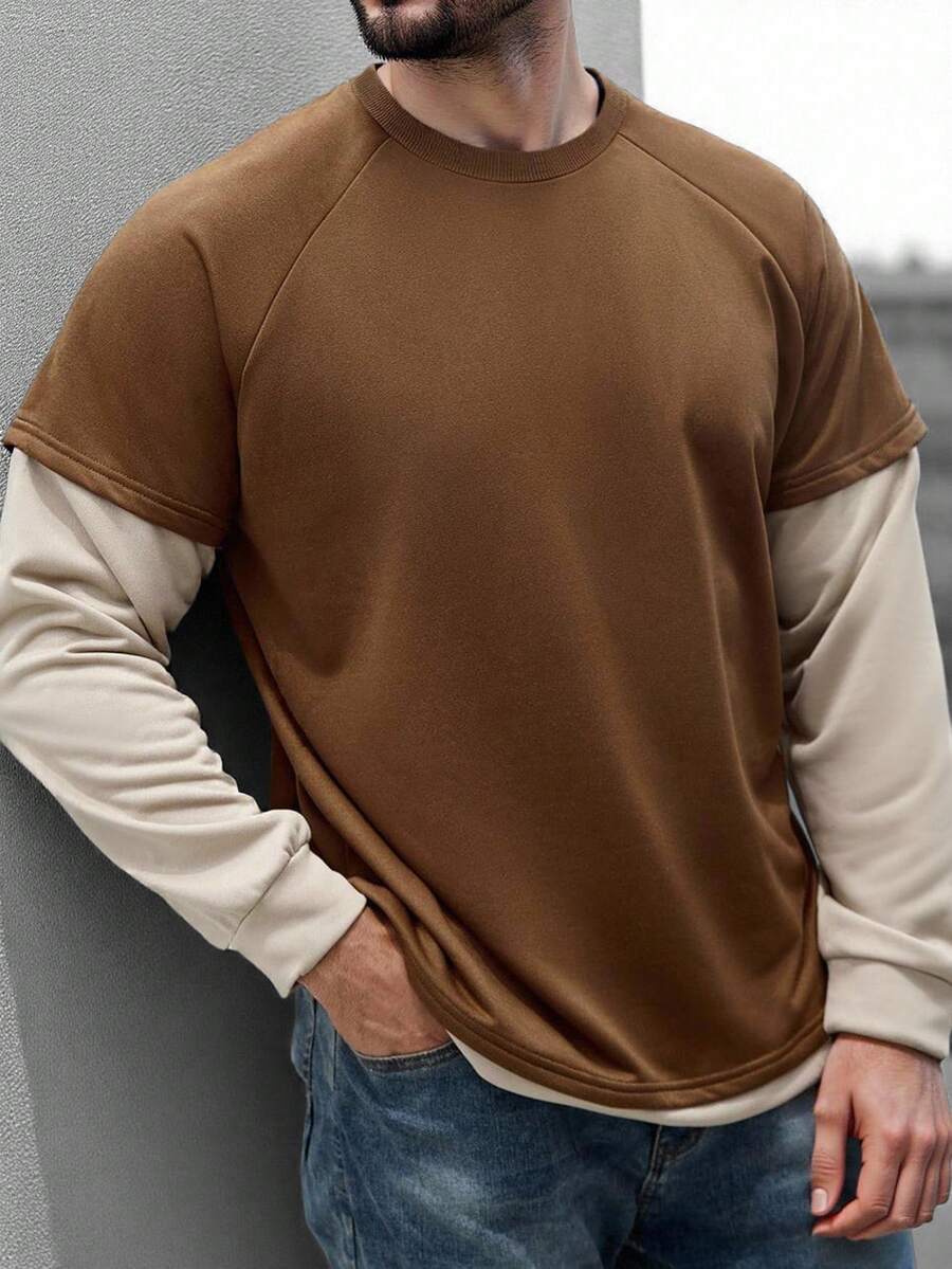 Manfinity Homme Plus Size Men's Casual Patchwork Pullover Sweatshirt, Brown Long Sleeve, Fall Tops Long Sleeve Coffee Brown Tops - Multicolor - View 1