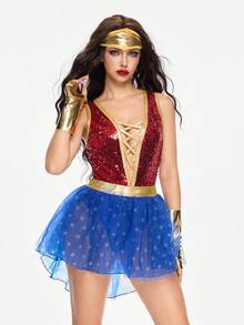 ROMWE Avant 万圣节角色扮演服装 - 亮片深 V 连体裤和星星网眼迷你裙套装 - 彩色 - 查看 6