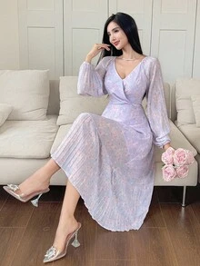 DAZY 大码碎花收腰长连衣裙，适合休闲、生日等场合，也可作为正式服装穿着。 - 藍色 - 查看 6