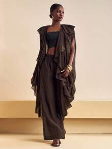 Zivah 2025秋季新品，适合生日派对、聚会、宴会、返校季、学院风、学生装、日常外出、基础百搭、休闲、邮轮旅行、时尚、街头服饰、优雅、通勤、商务休闲，宽松无袖侧开叉不对称下摆斗篷上衣搭配带口袋的阔腿裤，红棕色竖条纹纹理面料，女士两件套，秋季 - 鏽棕色 - 查看 5