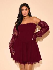 SHEIN BAE Váy ngắn ren lãng mạn thanh lịch cỡ lớn dành cho nữ, váy ngắn chắp vá ren thích hợp cho ngày lễ tình nhân, đêm hẹn hò, cuộc sống về đêm, váy kiểu Pháp, váy dạ hội, tiệc sinh nhật, váy phù dâu, váy hàng ngày đơn giản duyên dáng, váy cưới, váy dự tiệc trang trọng, váy gợi cảm đi biển, trang phục mùa hè cho phụ nữ, trang phục ngày lễ, váy ngắn lưới - Màu Đỏ Sâu - Xem 7