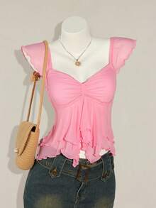 SHEIN ICON 女式褶饰前开襟性感网眼拼接盖袖露背休闲度假短款背心