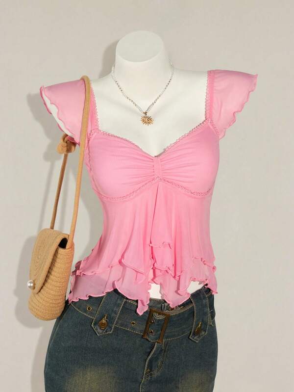 SHEIN ICON Top corto casual con escote en la espalda, manga corta, ajustado, de malla y parches, con pliegues en la parte delantera, para vacaciones