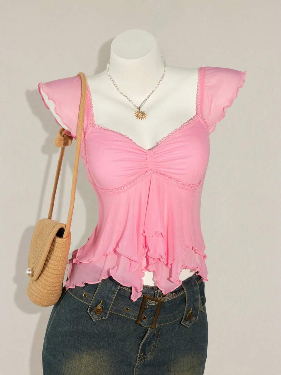 SHEIN ICON 女式褶饰前开襟性感网眼拼接盖袖露背休闲度假短款背心