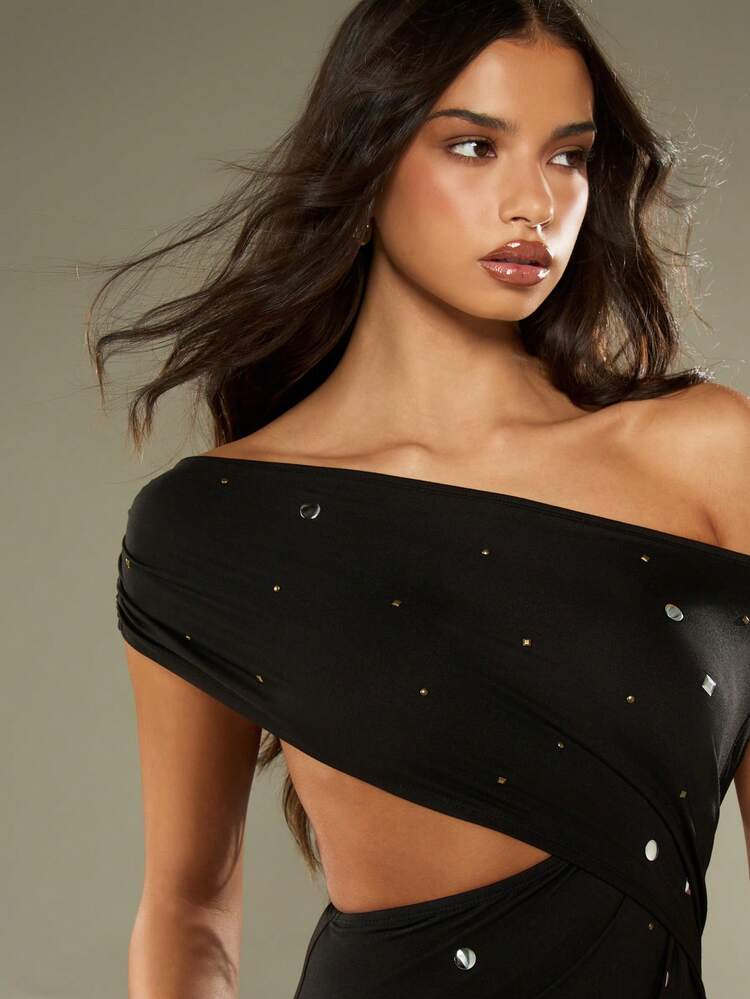 MISSGUIDED Off Shoulder Evening Gown Studded Bardot Cut Out Waist Long Dress Crystal Embellished Occasion Wear Floor Length Maxi Party Wedding Guest Formal Glamorous