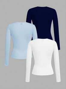 SHEIN EZwear 3件套女士圆领休闲修身长袖T恤套装，藏青色，浅蓝色，白色 - 彩色 - 查看 2