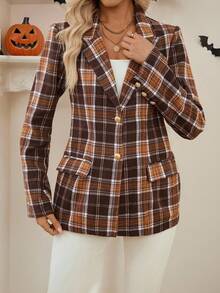 EMERY ROSE Women's Shoulder Padded Long Sleeve Brown Plaid Lapel Single-Breasted Blazer,Summer Business Casual Office Jacket,Back-To-School Fashion Suit Jacket - Brown - View 9