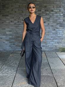 DAZY 女士休闲牛仔腰带背心和阔腿裤套装 - 藏蓝色 - 查看 4