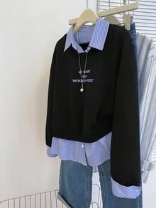 INAWLY Sudadera casual de manga larga con estampado de letras y rayas para mujer