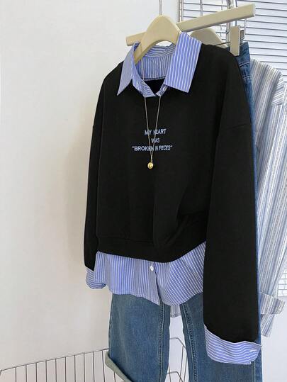 INAWLY Women's Letter & Striped Print Casual Long Sleeve Pullover Sweatshirt