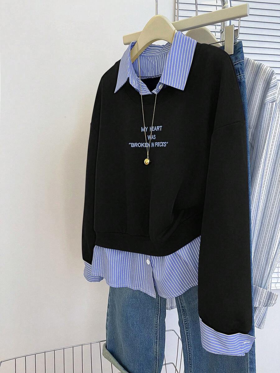 INAWLY Sudadera casual de manga larga con estampado de letras y rayas para mujer