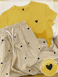 INAWLY بدلة كاجوال للنساء تتكون من تي شيرت بياقة دائرية وأكمام قصيرة مطبوع عليه قلب وبنطال بخصر مطاطي مخطط