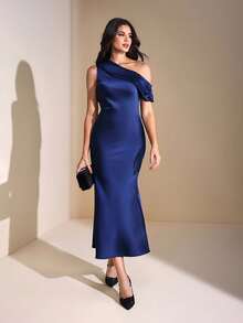 JIAN LASALA Asymmetric One-Shoulder Sleeveless Solid Satin Maxi Dress Women Spring Autumn Elegant Party Elegant Dresses For Women Going Out Party Dress Evening Dress Wedding Guest Luxury Stylish Clothing Collection Bachelorette Party Prom Dress