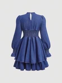 SHEIN 少女蝴蝶装饰长袖纽扣设计荷叶边下摆时尚牛仔连衣裙 - 深色水洗藍 - 查看 2