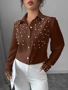 Elenzga Áo dài tay đính ngọc trai màu mơ cho nữ - Cà phê nâu - Xem 3