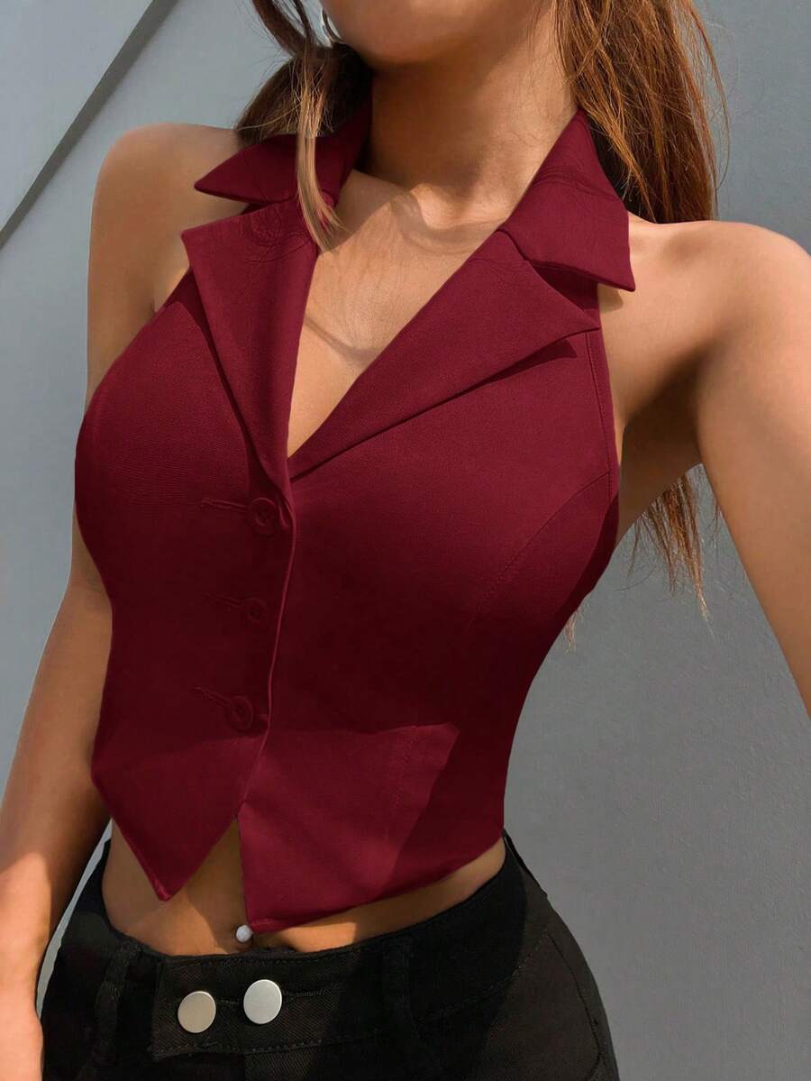 SHEIN EZwear Deep Red Woven Lapel Women's Suit Jacket In Fall/Winter - Burgundy - View 1