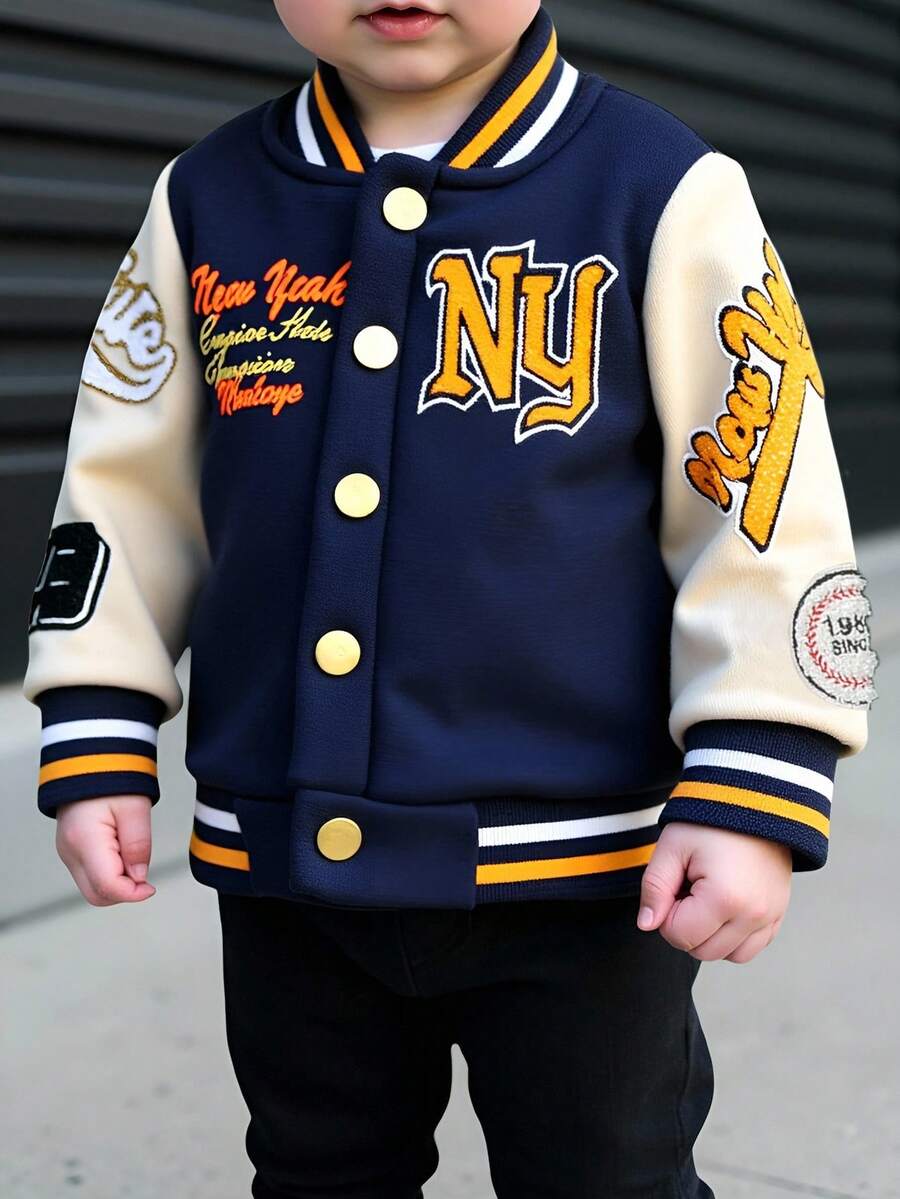 SHEIN 男婴字母徽章休闲棒球夹克，酷炫街头风，适合日常外出、大学、亲子装、派对等场合。男婴棒球夹克、男婴飞行员夹克、男婴棒球夹克套装，秋冬季日常休闲涤纶男婴夹克，下摆收口，常规袖长。 - 彩色 - 查看 1