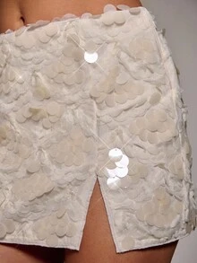 SHEIN BAE 秋冬季纯色杏色亮片缀饰性感开衩半身裙，杏色半身裙，优雅半身裙，适合夜店和演唱会等场合穿着。 - 杏色 - 查看 6