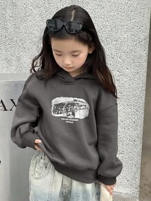 Dazy Kids 女童连帽针织抓绒印花卫衣，秋冬季 - 灰色 - 查看 1