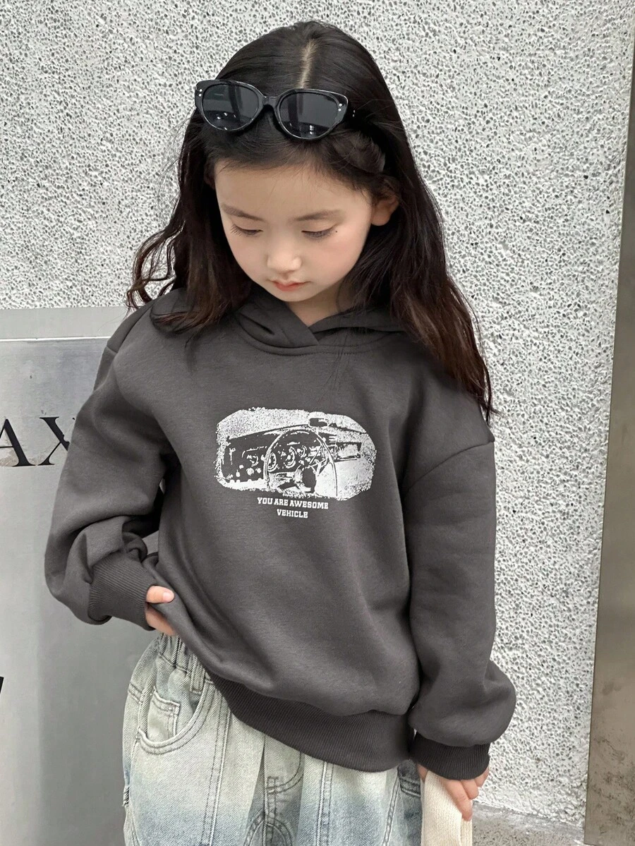 Dazy Kids 女童连帽针织抓绒印花卫衣,秋冬季 - 灰色 - 查看 1