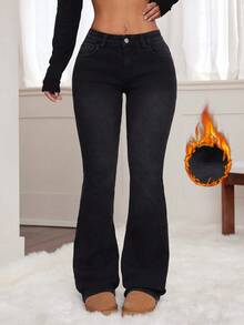 SHEIN PETITE Jeans évasés décontractés pour femmes en automne/hiver avec poches, doublure thermique, jeans en denim noir à pattes d'éléphant doublés de polaire chics pour sortir l'hiver