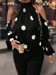 SHEIN PETITE Petite Women's Classic Polka Dot Off-Shoulder Casual Long Sleeve Shirt - Black - View 4