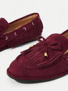 Styleloop Burgundy Bowknot Decor Casual Slip-On Flats, Versatile For Commuting, Suitable For Halloween, Christmas, Autumn - Burgundy - View 4