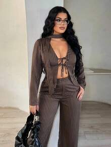 SHEIN SXY Bộ đồ vest và quần dài tay kẻ sọc công sở thường ngày dành cho nữ, Bộ 2 món màu nâu, Bộ 2 món cao, Bộ quần 2 món, Bộ 2 món Y2k, Bộ 2 món màu nâu, Trang phục công sở thường ngày dành cho nữ, Đi chơi, Quần áo thu đông màu nâu dành cho nữ - Màu Khaki - Xem 3