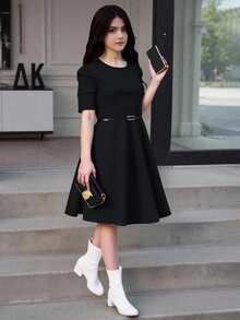 Tween Girls' Solid Color Round Neck Puff Sleeve Casual Dress - Black - View 3