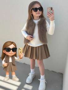 Elladie kids 女童优雅仿皮草背心搭配白色罗纹长袖上衣和驼色百褶裙套装 - 咖啡棕 - 查看 1