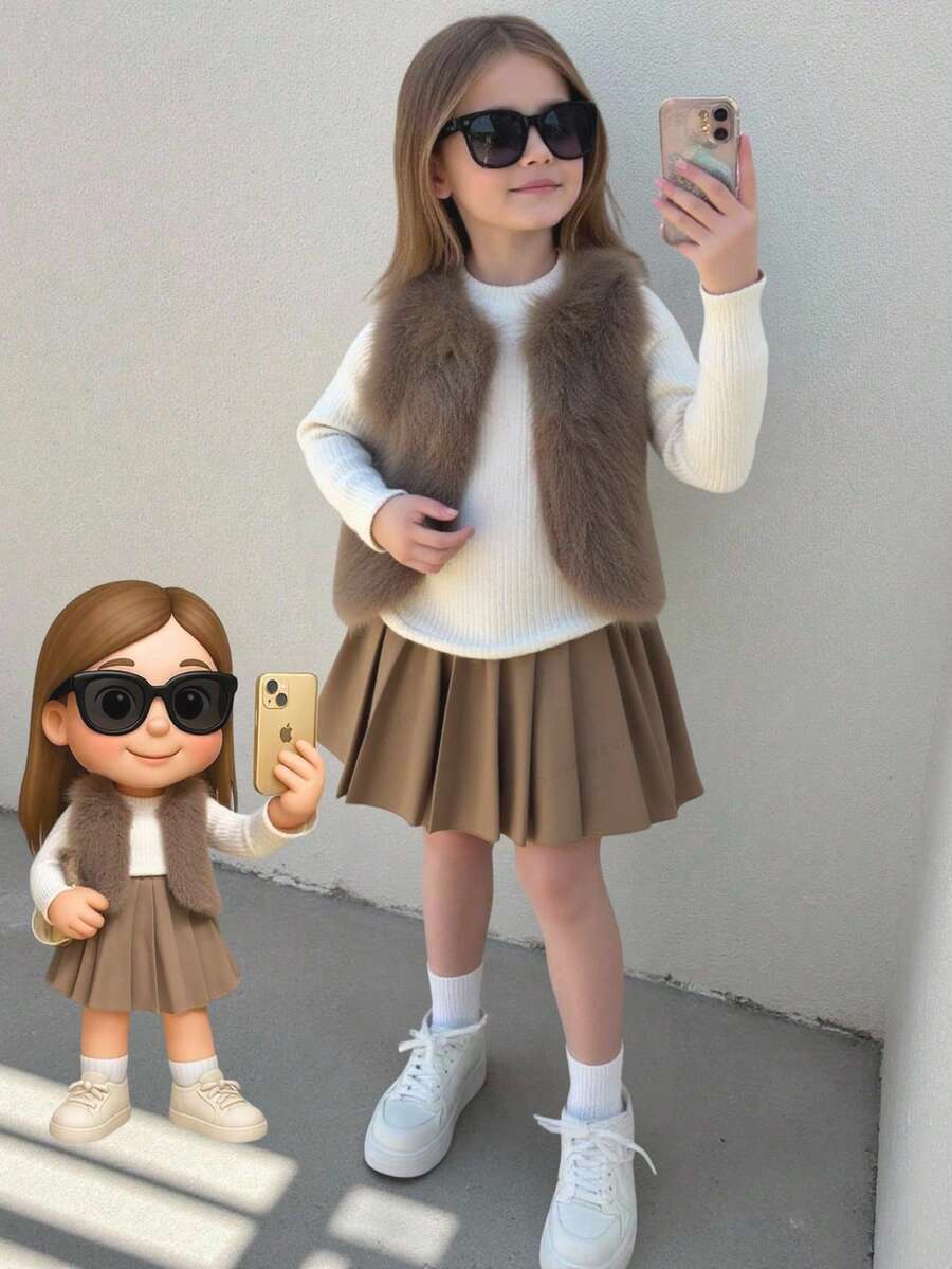 Elladie kids 女童优雅仿皮草背心搭配白色罗纹长袖上衣和驼色百褶裙套装 - 咖啡棕 - 查看 1