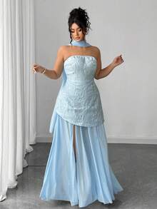 Elenzga 大码女式时尚热销设计感派对宴会高端围巾领优雅修身开叉连衣裙，双层面料露肩 - 藍色 - 查看 5