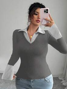 Elenzga Women's Plus Size Elegant Contrast Collar & Cuff Design Fitted High Stretch Ribbed Fabric Casual Long Sleeve Top - Multicolor - View 4