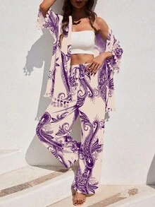 EMERY ROSE Bộ 2 món áo khoác cardigan dáng rộng và quần ống rộng cho nữ - Màu tím - Xem 3